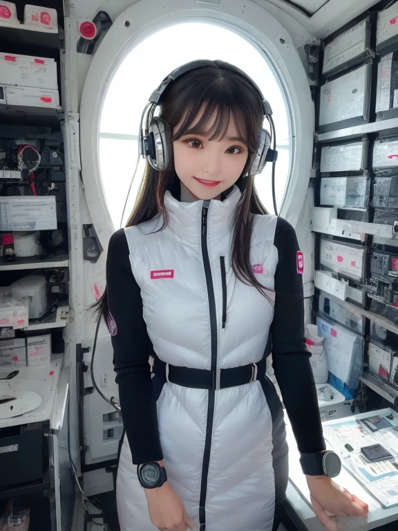 masterpiece, highest quality, Very detailed, 8K Portrait,Japanese Android Girl,plump , Control panel,Robotic arms and legs, Blunt bangs,,break (Metallic Gray, Metallic luster, Mirror finish, Astro Best):5,headphone:5,break (Black sleeves):100,Smart Watches,Futuristic space station,Control Room,break headphone,blue eyes,(Black Hair):2,(Long Hair):1.3,View the viewer,(respirator),break blush:3,Hidden Hand,smile