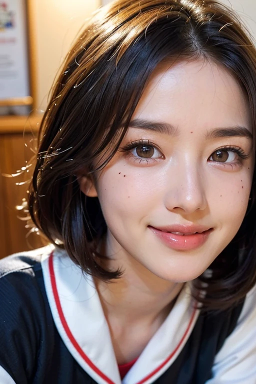 ((8k, highest quality, masterpiece、Realistic、Ultra-high resolution))、((Japanese women))、((Black Short Hair))、(Small breasts)、((thin thin eyebrows))、(((A mole in the corner of the eye)))、((Face is golden ratio))、smile、Town、((Beautiful Face))、Beautiful Eyes、Delicate face、Toned waist、(Sailor suit)、((school uniform))、School bag、((Blowjob))