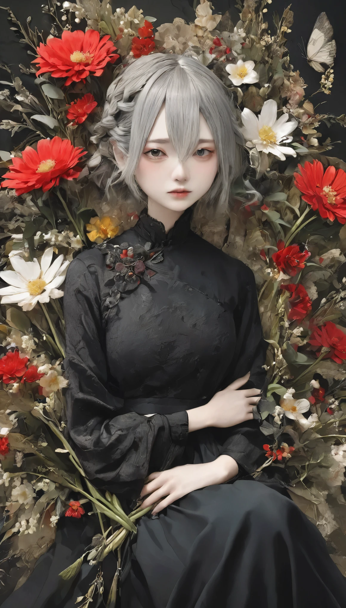 Beautiful woman、flower arrangement、Wabi-sabi art、Very detailed_face_eye、Very detailedなface、Black Dress、white、gray、red、parchment、抽象的flower arrangement、Three big flowers、Surreal art、silence、wallpaper、highest quality、masterpiece、High resolution、８ｋ