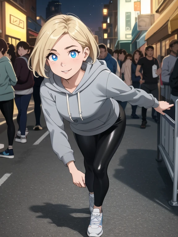 ((Masterpiece)), ((Best Quality)), (Detailed face:1.2), (Detailed eyes:1.2), (Detailed pupils:1.2), (Agile figure:1.2), Ultra High Resolution, HDR, absurderes, 8K, (1 girl), intricate details, ultra-detailed, dramatic lighting, solo, 1girl, 22 years old, short blonde hair, blue eyes, (Wearing: Grey hoodie, black shiny leggings, blue sneakers:1.2), gorgeous girl, gorgeous body, thrilled smile, expressive eyes, lively atmosphere, joyful expression, impeccable makeup, glossy lips, twinkling eyes, whimsical feeling, standing,