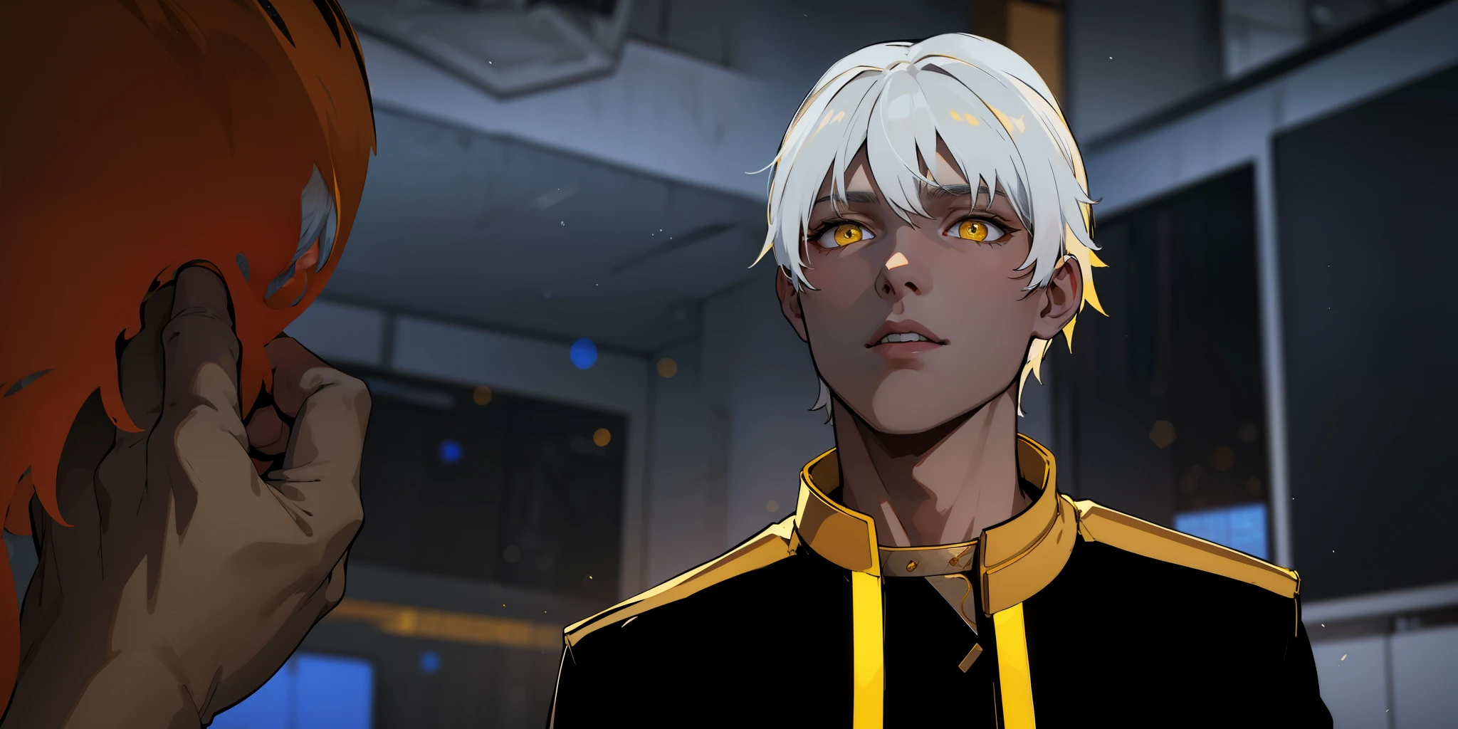 cute 18 year old boy, yellow eyes, white hair, has golden armor, black clothes with yellow, speaks calmly
