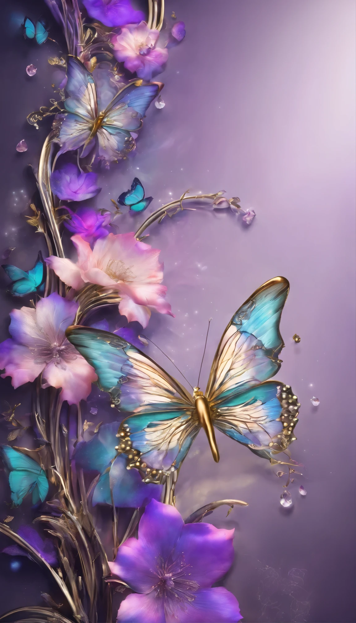 The background is greenblue,moon light,All expressed with jewels, the arrival of spring, various beautiful flower
, Beautiful purple swallowtail butterfly,angles looking up from below, various jewels falling from the sky, wonderful and beautiful superb view, slightly hazy, fantastic, high resolution, 8K, (best quality, highres, realistic:1.37), shiny metallic flowers, intricate and delicate petals, reflective surfaces, vibrant colors, intricate details, close-up view, surreal garden, surreal beauty, dreamy atmosphere, fine art, abstract botanicals, metallic sculpture, contrasting textures, ethereal glow