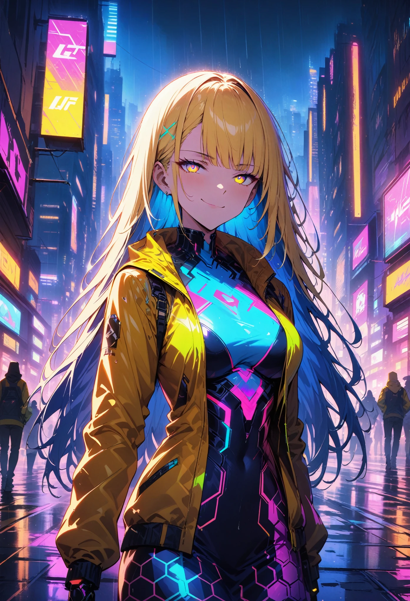 night, Colorful cyberpunk city background, rain, street, very long hair, blonde hair, blue hair highlights, red bangs, yellow bangs, shining eyes, (multicolored eyes:1.5), blue eyes, yellow eyes, large breasts, colorful (white jacket:1.5), futuristic jacket, (hexagon-pattern skirt:1.5), (smug:1.5), (smirk:1.25), black, backlight, glow, Find an audience, low angle shot, Looking up at the camera, perfect composition, Perfect light and shadow, 8K