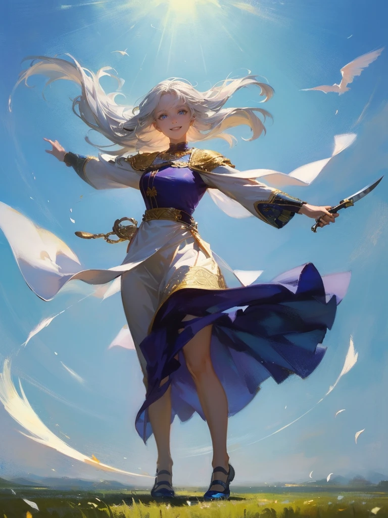 masterpiece, best quality, rpg character art, epic fantasy art style, 1 woman, Zephyr, 40 year old woman, adult, mature look, mature adult face, smiling and dancing, she has a deep love for the sky and is rarely seen without a smile, full body illustration, long, flowing silver hair that seems to move with the slightest breeze, and sky-blue eyes that sparkle with mischief, high detail, fantasy medieval style clothes (long and light flowing robes in shades of blue and white designed for maximum freedom of movement, flat medieval style blue shoes designed for mobility), attire is modest but feminine, (((she's holding a lightweight razor-sharp fan)), she is graceful and fluid, (((wind is swirling around her dynamically))), intricate details, ultra high resolution, sharp focus, HD, 8k, clear facial features, clear details, zoomed out view, (((the background is an open field)))