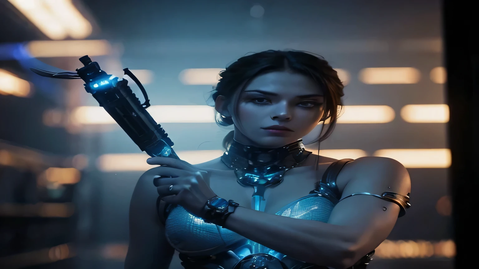 A futuristic female warrior in blue and gold attire wielding a chain weapon stands with cybernetic enhancements visible against an elaborate mechanical environment, neon accents glowing, positioned on a reflective metallic surface mirroring her stance, surrounded by advanced civilization architecture adorned with interlocking gears and circus-like patterns, bathed in blue ambient light, digital render, HDR Ultra Hyper Realistic 16k, volume, perfect composition, beautiful detailed intricate insanely detailed octane render trending on artstation, 8 k artistic photography, photorealistic concept art, soft natural volumetric cinematic perfect light, chiaroscuro, award - winning photograph, masterpiece, oil on canvas, raphael, caravaggio, greg rutkowski, beeple, beksinski, giger