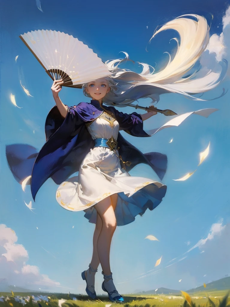 masterpiece, best quality, rpg character art, epic fantasy art style, 1 woman, Zephyr, 40 year old woman, adult, mature look, mature adult face, smiling and dancing, she has a deep love for the sky and is rarely seen without a smile, full body illustration, long, flowing silver hair that seems to move with the slightest breeze, and sky-blue eyes that sparkle with mischief, high detail, fantasy medieval style clothes (long and light flowing robes in shades of blue and white designed for maximum freedom of movement, flat medieval style blue shoes designed for mobility), attire is modest but feminine, (((she's holding a lightweight razor-sharp fan)), she is graceful and fluid, (((wind is swirling around her dynamically))), intricate details, ultra high resolution, sharp focus, HD, 8k, clear facial features, clear details, zoomed out view, (((the background is an open field)))