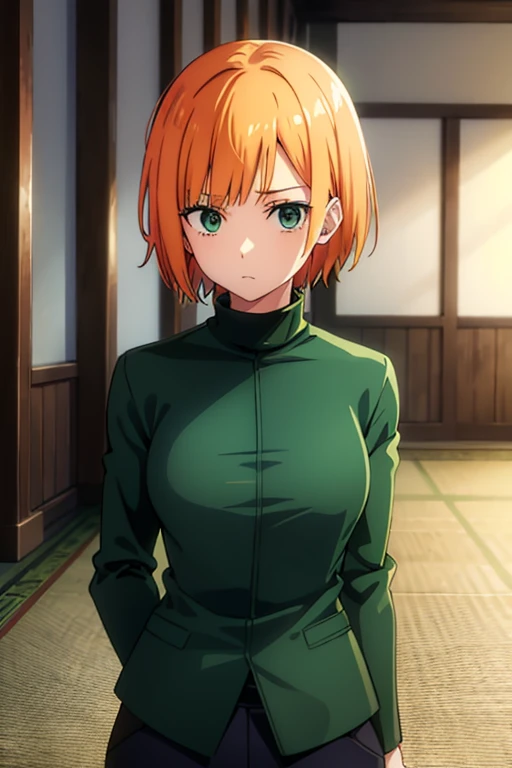 anime, detailed,short orange hair, green eyes, dark green pants, white turtleneck blouse, his green gakuran jacket