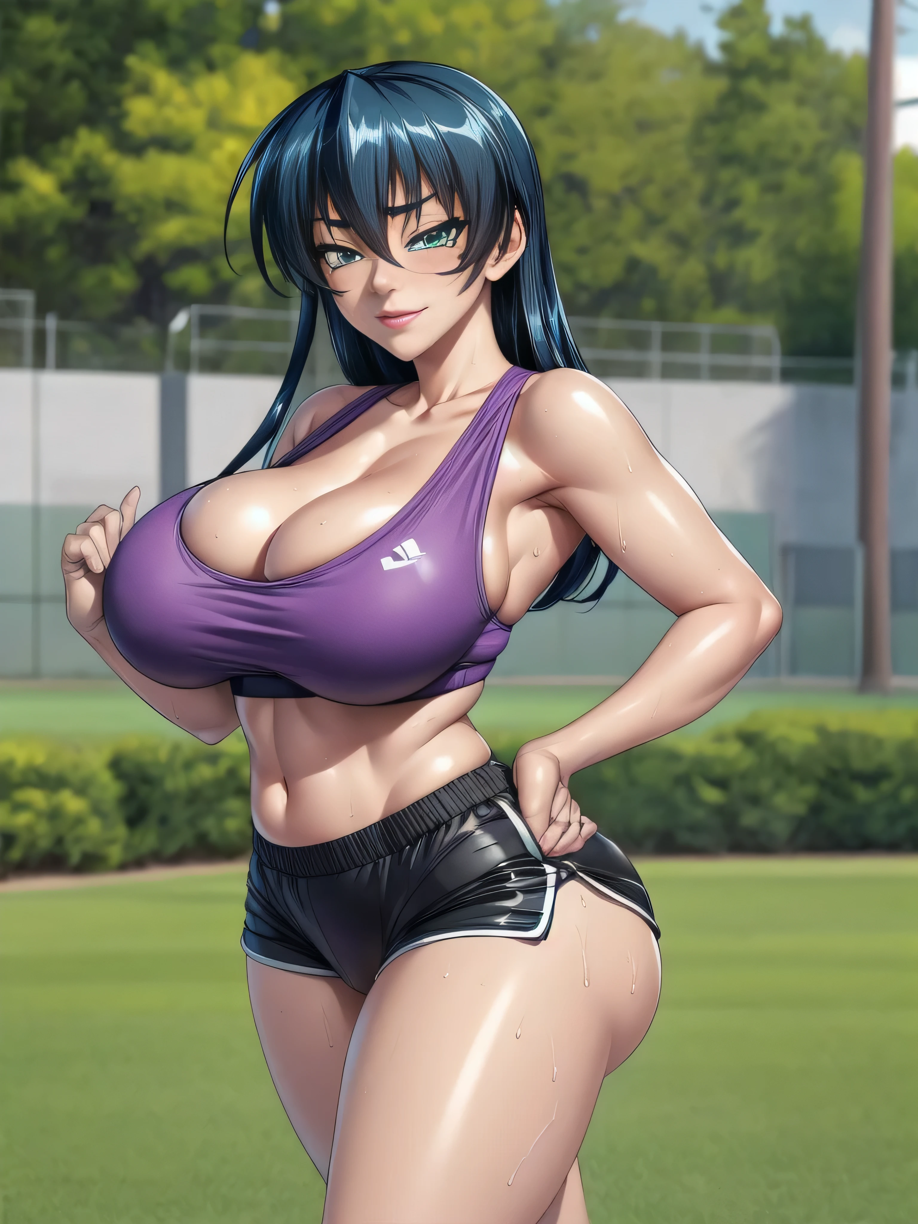 masutepiece, asagi, 1girl in, breasts, Solo, Sweat, purple sports bra, tight booty shorts, sneakers, large breasts, cleavage, Smile, wide hips, Looking at Viewer, put hands on the hip, blush, huge breasts, Blue hair, Long hair, Bangs, hair between eye, Green eyes, glossy sweaty shin, day, Beautiful detailed eyes, Draw a hand accurately, (prefect hands:1.5), jogging in the park, nsfw, Best Quality, 16k, masterpiece, accurate, award winning, super detail, high quality