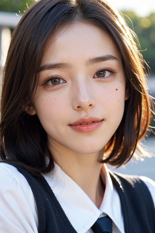 ((8k, highest quality, masterpiece、Realistic、Ultra-high resolution))、((Japanese women))、((Black Short Hair))、(Small breasts)、((thin thin eyebrows))、(((A mole in the corner of the eye)))、((Face is golden ratio))、smile、Town、((Beautiful Face))、Beautiful Eyes、Delicate face、Toned waist、(Sailor suit)、((school uniform))、School bag、((Blowjob))、lick、Male organ