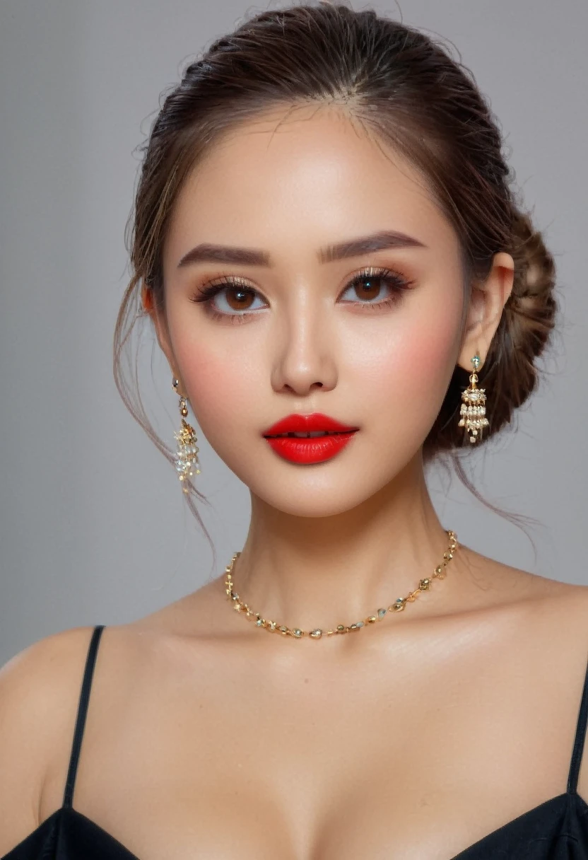 (raw photos:1.2), (Real picture:1.4), Beautiful girl with details, Very detailed 8k, beautiful and good eyes, High nose, Slender face.  cute jewelry, necklace, Hoop earrings, hair and makeup done by professional artists., red lips.   movie light，trendy，  It looks like a whole body., Complex facial features, Cute face, reflection of the skin, Female, Burmese, age 25 years., One person hugging each other
