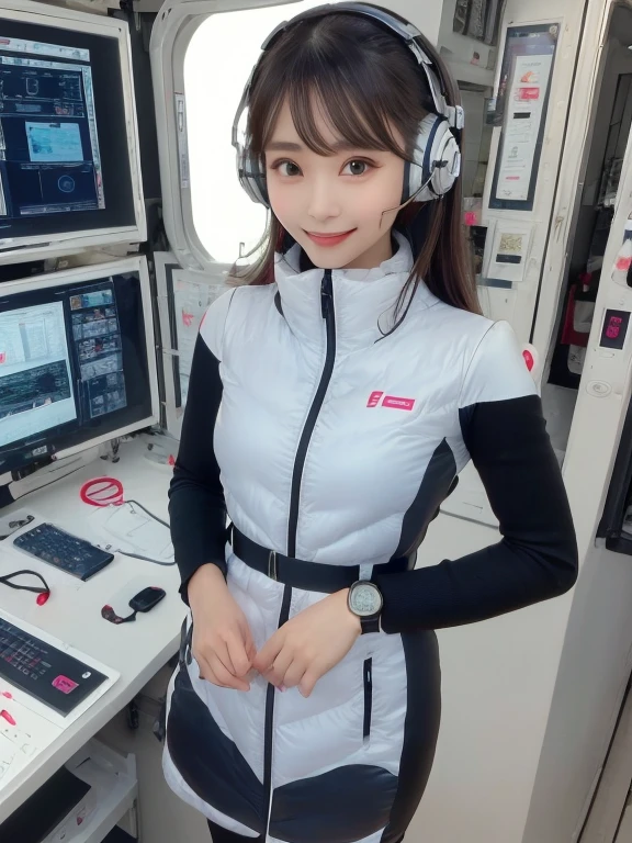 masterpiece, highest quality, Very detailed, 8K Portrait,Japanese Android Girl,plump , Control panel,Robotic arms and legs, Blunt bangs,,break (Metallic Gray, Metallic luster, Mirror finish, Astro Best):5,headphone:5,break (Black sleeves):100,Smart Watches,Futuristic space station,Control Room,break headphone,blue eyes,(Black Hair):2,(Long Hair):1.3,View the viewer,(respirator),break blush:3,Hidden Hand,smile