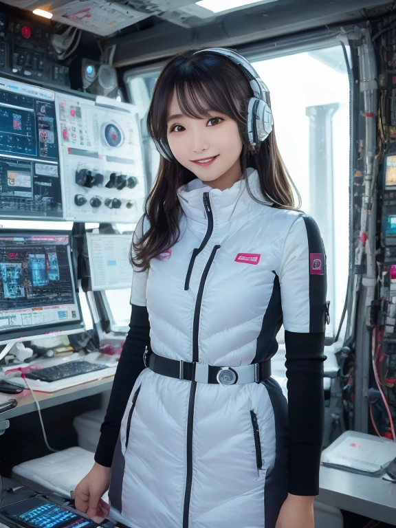 masterpiece, highest quality, Very detailed, 8K Portrait,Japanese Android Girl,plump , Control panel,Robotic arms and legs, Blunt bangs,,break (Metallic Gray, Metallic luster, Mirror finish, Astro Best):5,headphone:5,break (Black sleeves):100,Smart Watches,Futuristic space station,Control Room,break headphone,blue eyes,(Black Hair):2,(Long Hair):1.3,View the viewer,(respirator),break blush:3,Hidden Hand,smile