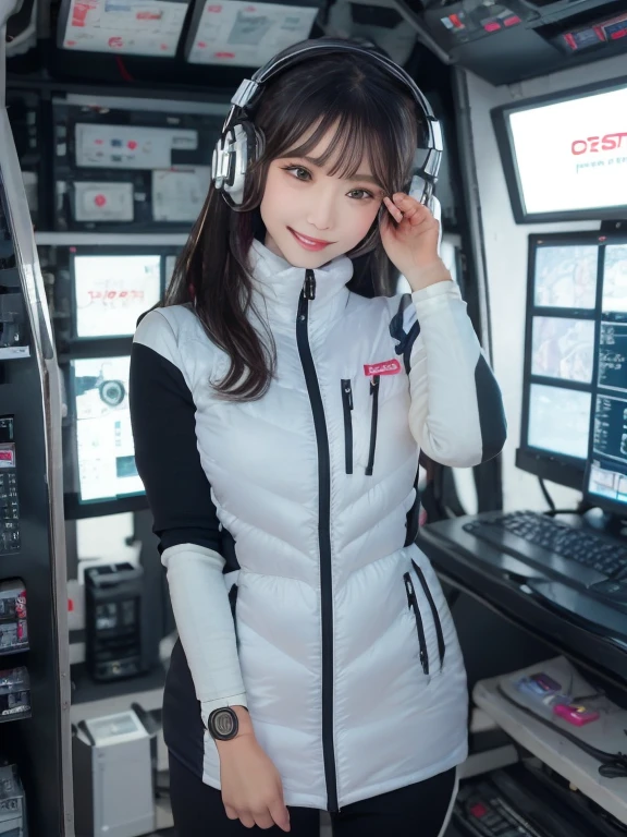 masterpiece, highest quality, Very detailed, 8K Portrait,Japanese Android Girl,plump , Control panel,Robotic arms and legs, Blunt bangs,,break (Metallic Gray, Metallic luster, Mirror finish, Astro Best):5,headphone:5,break (Black sleeves):100,Smart Watches,Futuristic space station,Control Room,break headphone,blue eyes,(Black Hair):2,(Long Hair):1.3,View the viewer,(respirator),break blush:3,Hidden Hand,smile