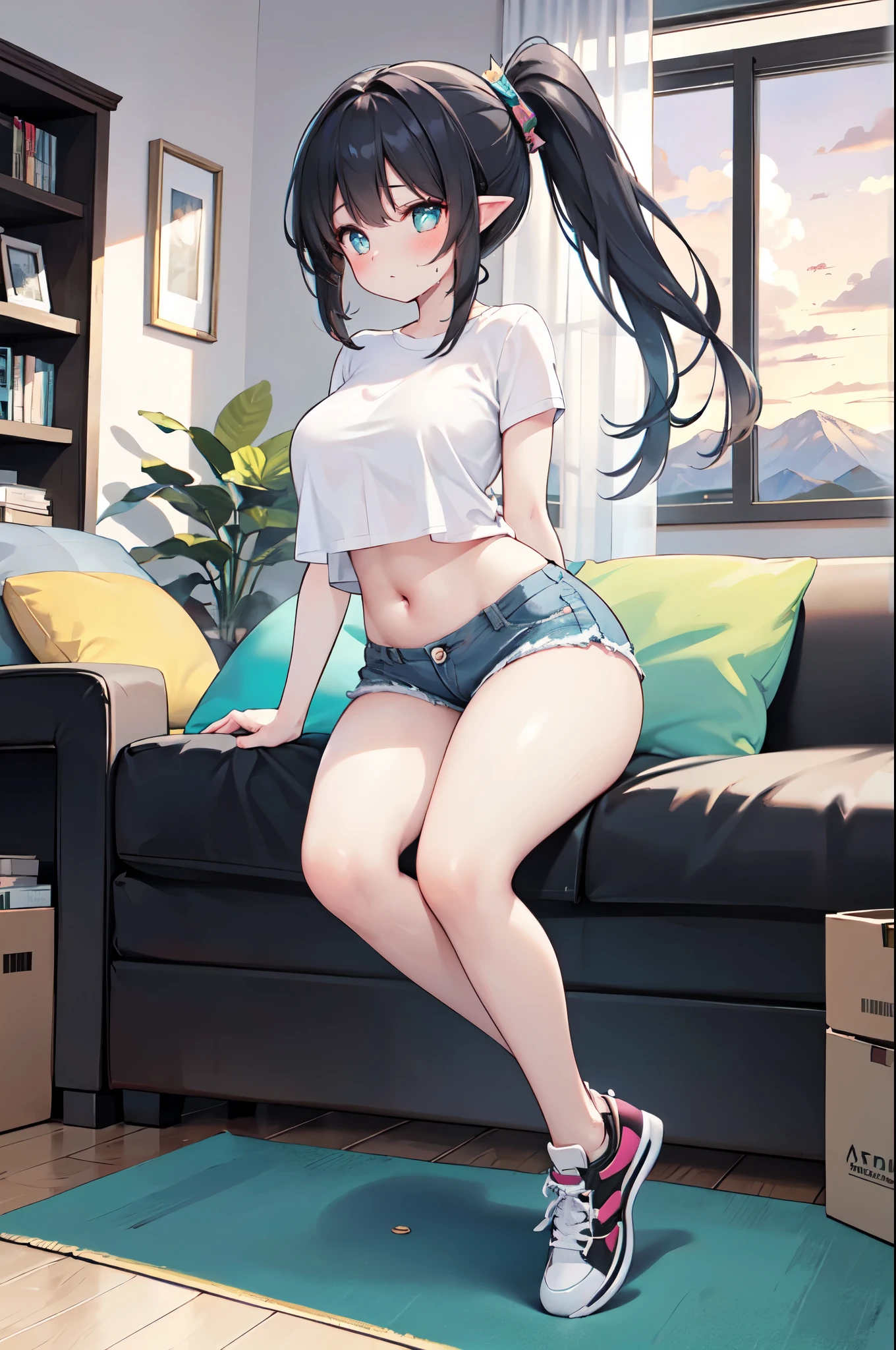 realistic image, detailed image, coherent image, 1 beautiful elf, she has very long hair, ponytail hairstyle, black hair, turquoise eyes, tired face, sweating, she is wearing some She is wearing a loose blouse, showing her navel , jean mini shorts, sneakers, She has a curvy body, medium breasts and thick thighs, She is sitting sensually, sitting on top of a cardboard box, arching her back, surrounded by mountains of cardboard boxes, looking at the boxes, inside a family room, dusk, twilight, Soft focus, full body view, Dramatic shadows, Volumetric lighting, natural lighting,