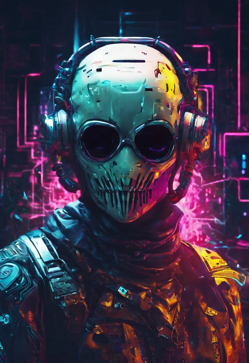 A mask with a smiley face on a silver round plate, camouflage uniform, scarecrow, surreal, intricate details, dramatic lighting, cinematic composition, fantasy, dark mood, chiaroscuro, muted colors, moody atmosphere