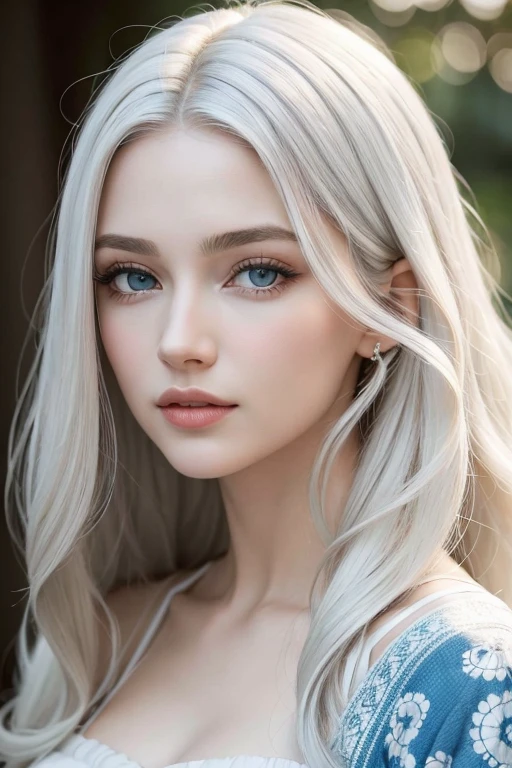 Absurdo, ultra-detalhado, alta qualidade, Obra de arte, rosto detalhado, blue eyes sky (olhos detalhados), albina, features are classically beautiful, with high cheekbones, a face of perfect proportions, olhos retratados como grandes e cativantes, mantenha um olhar intenso, cabelos brancos , White hair is lush and flowing, caindo em cascata pelas costas em ondas,wearing elegant robes adorned with intricate patterns