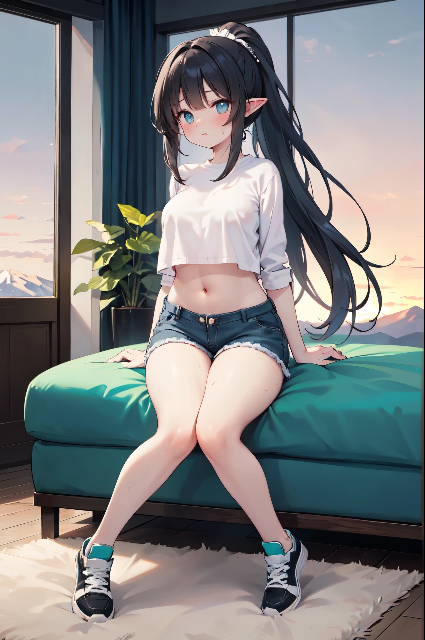 realistic image, detailed image, coherent image, 1 beautiful elf, she has very long hair, ponytail hairstyle, black hair, turquoise eyes, tired face, sweating, she is wearing some She is wearing a loose blouse, showing her navel , jean mini shorts, sneakers, She has a curvy body, medium breasts and thick thighs, She is sitting sensually, sitting on top of a cardboard box, arching her back, surrounded by mountains of cardboard boxes, looking at the boxes, inside a family room, dusk, twilight, Soft focus, full body view, Dramatic shadows, Volumetric lighting, natural lighting,