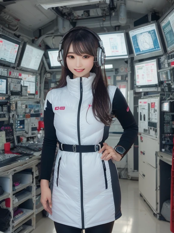 masterpiece, highest quality, Very detailed, 8K Portrait,Japanese Android Girl,plump , Control panel,Robotic arms and legs, Blunt bangs,,break (Metallic Gray, Metallic luster, Mirror finish, Astro Best):5,headphone:5,break (Black sleeves):100,Smart Watches,Futuristic space station,Control Room,break headphone,blue eyes,(Black Hair):2,(Long Hair):1.3,View the viewer,(respirator),break blush:3,Hidden Hand,smile