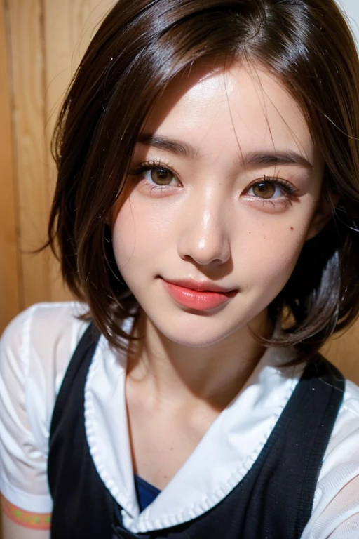 ((8k, highest quality, masterpiece、Realistic、Ultra-high resolution))、((Japanese women))、((Black Short Hair))、(Small breasts)、((thin thin eyebrows))、(((A mole in the corner of the eye)))、((Face is golden ratio))、smile、Town、((Beautiful Face))、Beautiful Eyes、Delicate face、Toned waist、(Sailor suit)、((school uniform))、School bag、On all fours、lick、Male organ