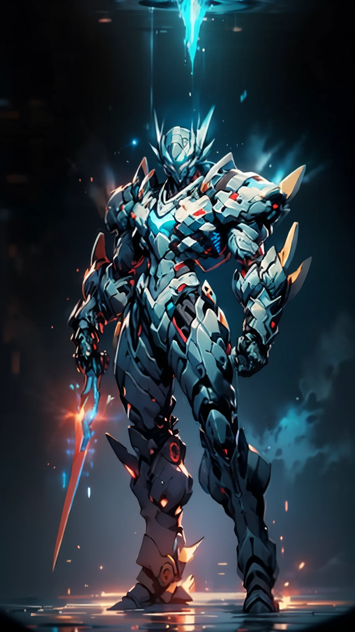 Humanoid Mecha, fully enclosed shoulder guards, matching arm and leg guards, full body, full armor, the design balances heavy with agility, (the color scheme is primarily white with red and blue accents, the concept Inspired by Super robot, organic biotech armor, standing, floating high above the futuristic sci-fi city), exquisite and mature art style, (aura effect, energy, glowing eyes, the armor glows), ((SRS)), metallic, dynamic, dramatic, high definition, best quality, highres, ultra-detailed, ultra-fine painting, extremely delicate, professional, perfect body proportions, anatomically correct, symmetrical face, extremely detailed eyes and face, high quality eyes, creativity, RAW photo, UHD, 32k, Natural light, cinematic lighting, masterpiece-anatomy-perfect, masterpiece:1.5