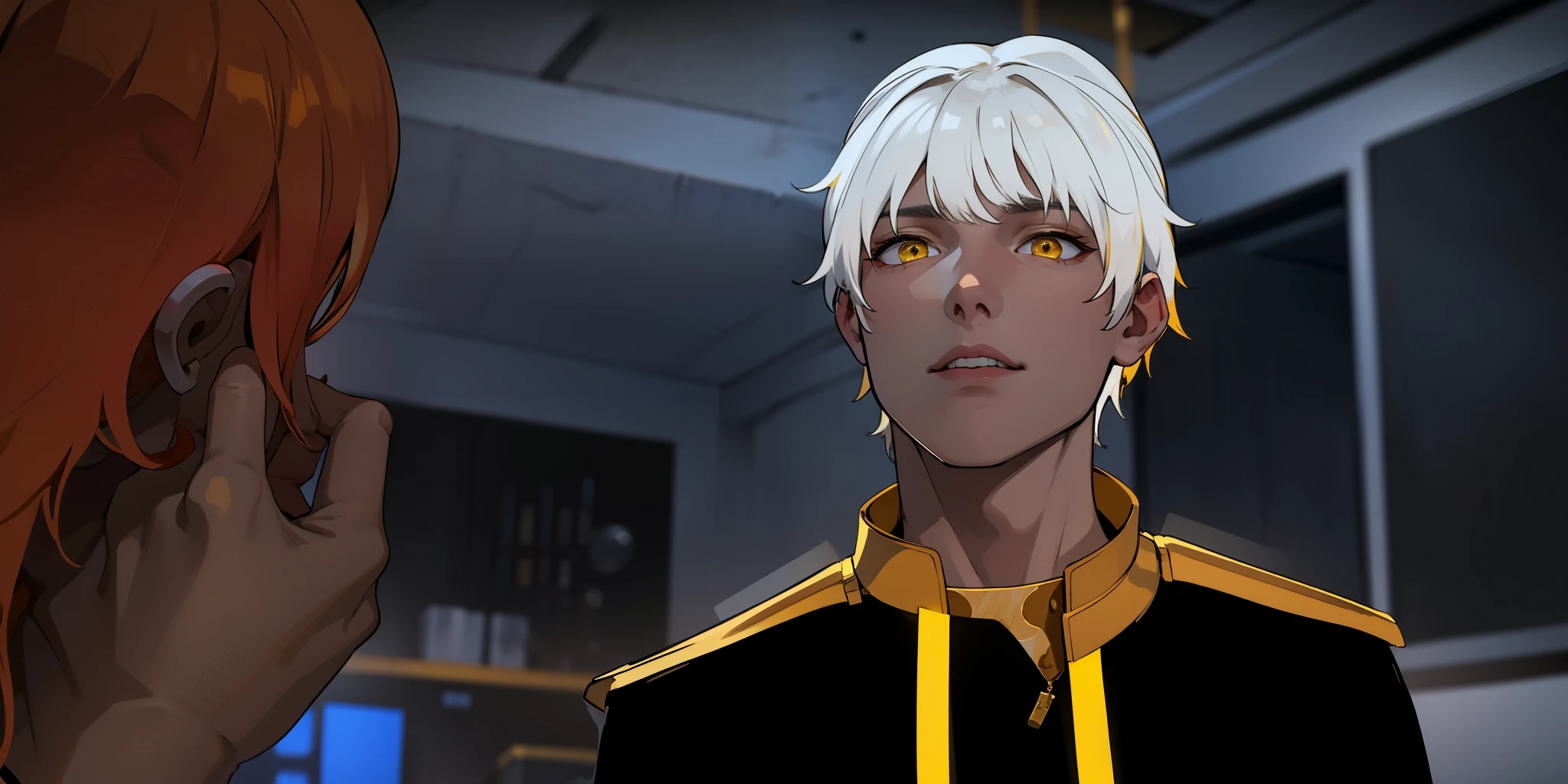 cute 18 year old boy, yellow eyes, white hair, has golden armor, black clothes with yellow, speaks calmly