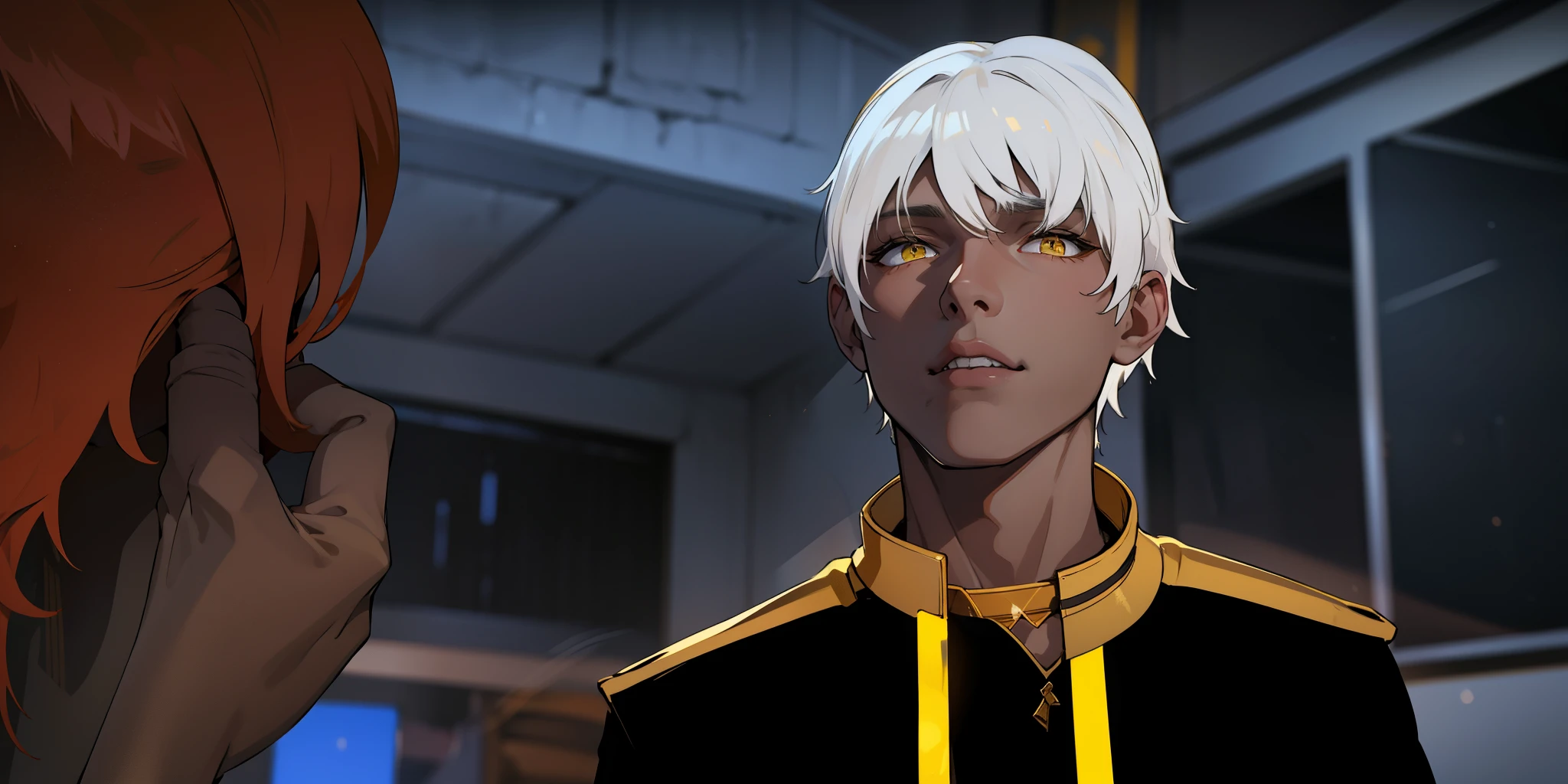 cute 18 year old boy, yellow eyes, white hair, has golden armor, black clothes with yellow