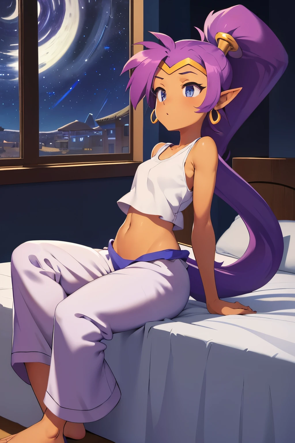 masterpiece, best quality, shantae, (white tanktop), midriff, ((baggy pajama pants)), (white pants), fluffy hair, sleepy expression, sitting on bed, desert house, ((midnight)), barely awake, window, starry night, bed hair