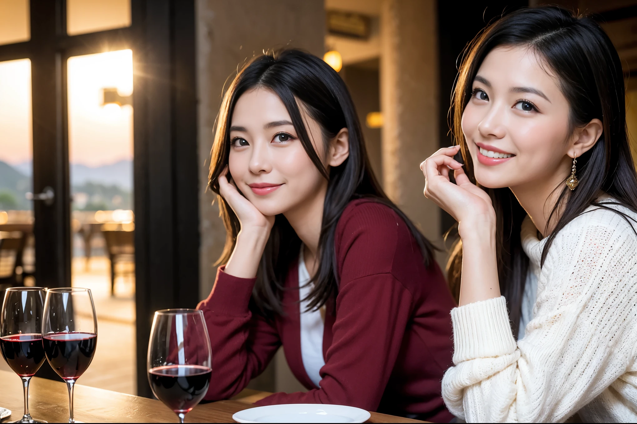 ((highest quality、8k、masterpiece:1.3))、1 male、1 female、石原さとみ似美女Couple、Spouse、Couple、The body is slim、((Bob Hale、Straight hair:1.2)), (Realistic, Intricate details:1.2), テーブルの上のwine glass、Put the light on your face、 Amazing view of the sunset sky and clouds、Amazing mountain views、A bright smile、The wonderfulness of smile、Bright image、The beauty of wine, Beautiful Face, blue eyes, The light shines on your face, Blushing, short hair,Bright Face、 (Age 37), "41 years old, red wine 、Appetizers、Italian food、Wine bottle、Champagne、sparkling wine、Two beauties、Brown Hair、Shortcuts、Long sleeve shirt、dress、Pretty Woman 1, (slimな顔), (The body is slim), (Brown Hair), (Shortcuts), cheeks turn a little red,Attractive beauty、restaurant, In a prominent place (From the waist up) Nova Frog Style, actress, model, Upper Body, White wine, slim, wine glass, 中央に置かれたwine glass, smile, (smile: 1.15), Beautiful fine grain, Depth f/2,saturation, High Contrast, Strong light and shadow,Moist Body:1.5、3D texture、Delicate eyes、Brown Hair、The hair is very shiny、