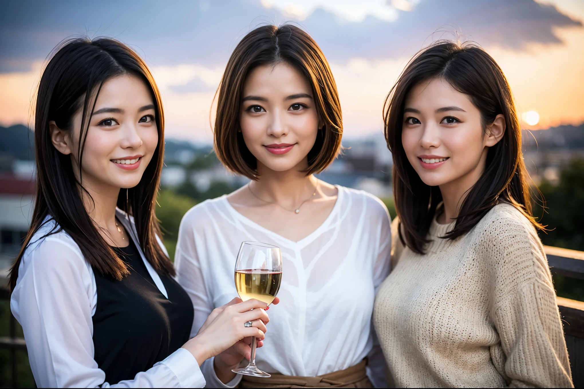 ((highest quality、8k、masterpiece:1.3))、1 male、1 female、石原さとみ似美女Couple、Spouse、Couple、The body is slim、((Bob Hale、Straight hair:1.2)), (Realistic, Intricate details:1.2), テーブルの上のwine glass、Put the light on your face、 Amazing view of the sunset sky and clouds、Amazing mountain views、A bright smile、The wonderfulness of smile、Bright image、The beauty of wine, Beautiful Face, blue eyes, The light shines on your face, Blushing, short hair,Bright Face、 (Age 37), "41 years old, red wine 、Appetizers、Italian food、Wine bottle、Champagne、sparkling wine、Two beauties、Brown Hair、Shortcuts、Long sleeve shirt、dress、Pretty Woman 1, (slimな顔), (The body is slim), (Brown Hair), (Shortcuts), cheeks turn a little red,Attractive beauty、restaurant, In a prominent place (From the waist up) Nova Frog Style, actress, model, Upper Body, White wine, slim, wine glass, 中央に置かれたwine glass, smile, (smile: 1.15), Beautiful fine grain, Depth f/2,saturation, High Contrast, Strong light and shadow,Moist Body:1.5、3D texture、Delicate eyes、Brown Hair、The hair is very shiny、