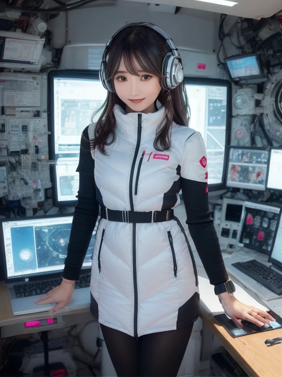 masterpiece, highest quality, Very detailed, 8K Portrait,Japanese Android Girl,plump , Control panel,Robotic arms and legs, Blunt bangs,,break (Metallic Gray, Metallic luster, Mirror finish, Astro Best):5,headphone:5,break (Black sleeves):100,Smart Watches,Futuristic space station,Control Room,break headphone,blue eyes,(Black Hair):2,(Long Hair):1.3,View the viewer,(respirator),break blush:3,Hidden Hand,smile