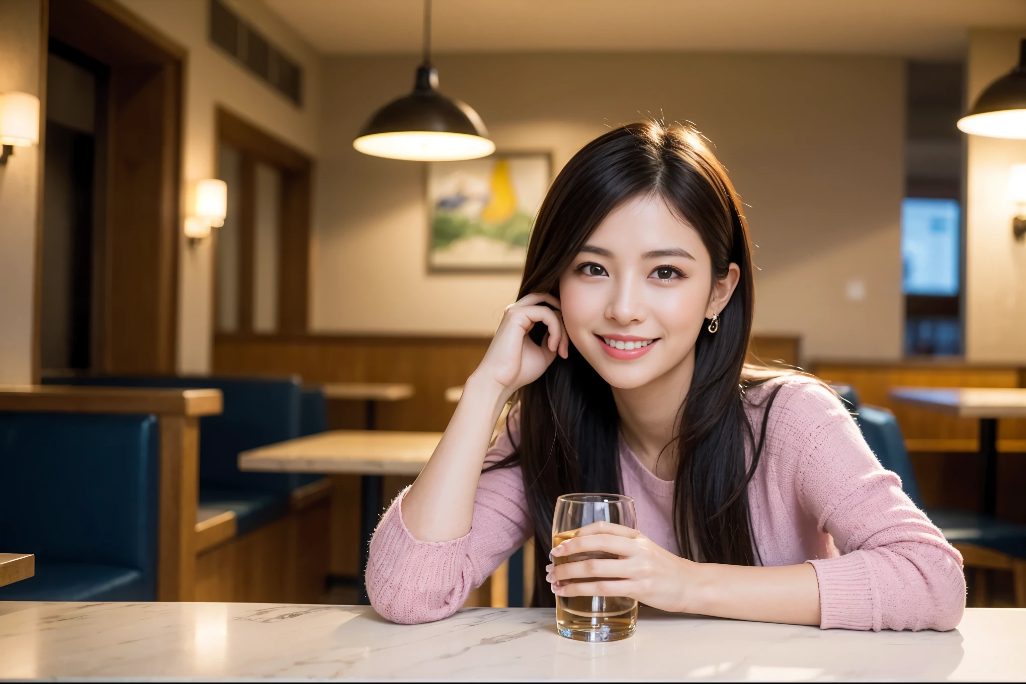 Very cute 20 year old Japanese woman, corners of mouth turned up, gentle smile, muffin top, detailed face, detailed body with nice curves, drinking wine in the living room. Late night, movie photography, Leica 50 mm prime lens, Cine Steel 800T film, art color photography
