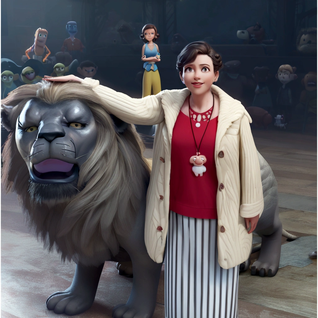 Pixar style image with 3D character white glasses brunette woman short curly hair standing, hand on a lion's head, Maquiagem Disney,Pescador, bonitinho, sorridente ,fechar-se, Pixar, Disney, Cinema lighting,
