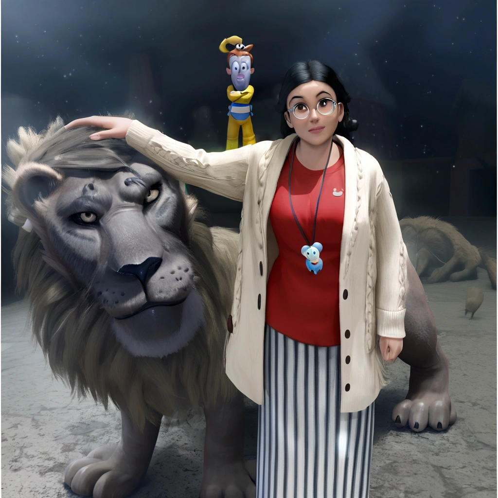 Pixar style image with 3D character white glasses brunette woman short curly hair standing, hand on a lion&#39;s head, Maquiagem Disney,Pescador, bonitinho, sorridente ,fechar-se, Pixar, Disney, Cinema lighting,