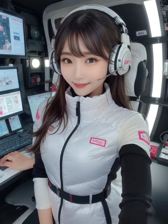 masterpiece, highest quality, Very detailed, 8K Portrait,Japanese Android Girl,plump , Control panel,Robotic arms and legs, Blunt bangs,,break (Metallic Gray, Metallic luster, Mirror finish, Astro Best):5,headphone:5,break (Black sleeves):100,Smart Watches,Futuristic space station,Control Room,break headphone,blue eyes,(Black Hair):2,(Long Hair):1.3,View the viewer,(respirator),break blush:3,Hidden Hand,smile