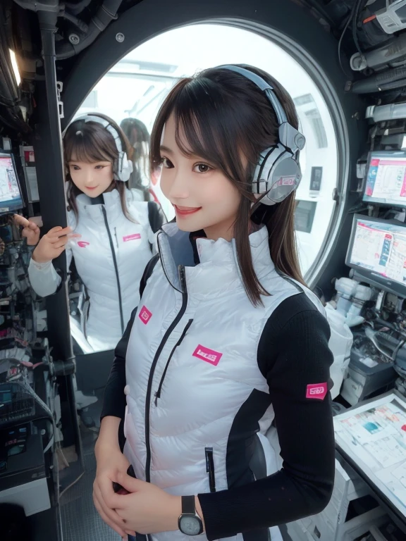 masterpiece, highest quality, Very detailed, 8K Portrait,Japanese Android Girl,plump , Control panel,Robotic arms and legs, Blunt bangs,,break (Metallic Gray, Metallic luster, Mirror finish, Astro Best):5,headphone:5,break (Black sleeves):100,Smart Watches,Futuristic space station,Control Room,break headphone,blue eyes,(Black Hair):2,(Long Hair):1.3,View the viewer,(respirator),break blush:3,Hidden Hand,smile