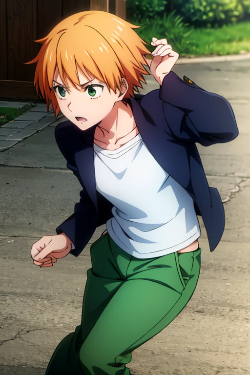 anime, detailed, , short orange hair, green eyes, dark green pants, his green gakuran jacket