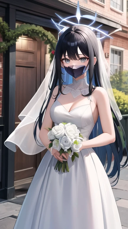 masterpiece, best quality, highres, aasaori, halo, long hair, black hair, mouth mask, black mask, garden, confetti, standing, holding bouquet, wedding dress,