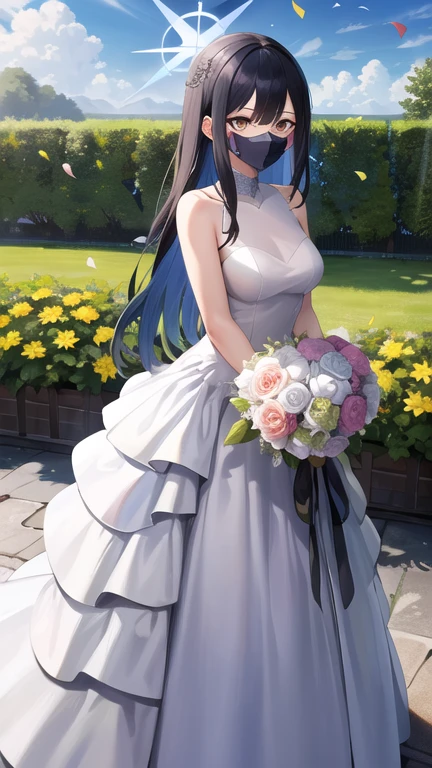 masterpiece, best quality, highres, aasaori, halo, long hair, black hair, mouth mask, black mask, garden, confetti, standing, holding bouquet, wedding dress,