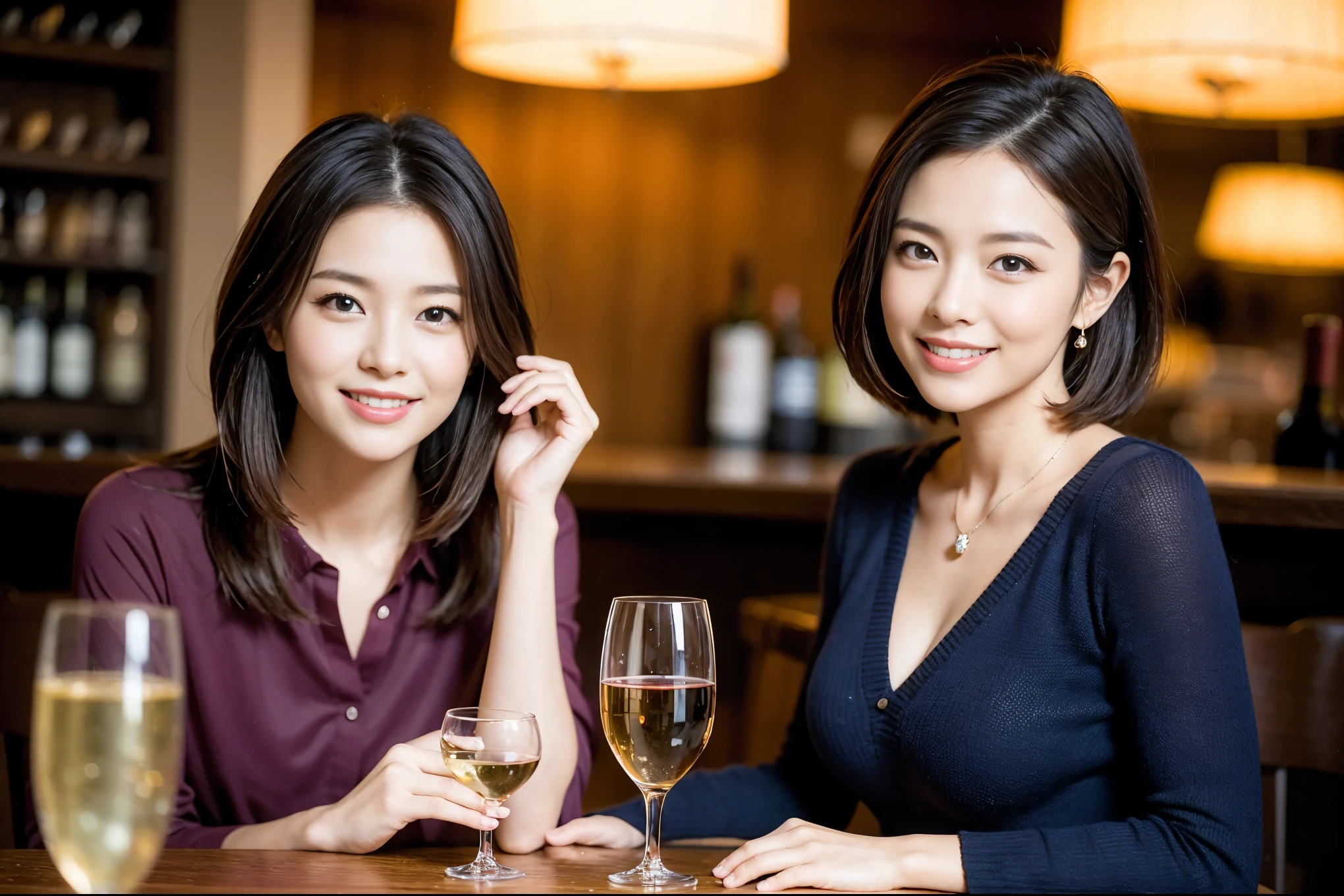((highest quality、8k、masterpiece:1.3))、1 male、1 female、石原さとみ似美女Couple、Spouse、Couple、The body is slim、((Bob Hale、Straight hair:1.2)), (Realistic, Intricate details:1.2), テーブルの上のwine glass、Shine light on your face、 Amazing view of the sunset sky and clouds、Amazing mountain views、A bright smile、The wonderfulness of smile、Bright image、The beauty of wine, Beautiful Face, blue eyes, The light shines on your face, Blushing, short hair,Bright Face、 (Age 37), "41 years old, red wine 、Appetizers、Italian food、Wine bottle、Champagne、sparkling wine、Two beauties、Brown Hair、Shortcuts、Long sleeve shirt、dress、Pretty Woman 1, (slimな顔), (The body is slim), (Brown Hair), (Shortcuts), cheeks turn a little red,Attractive beauty、restaurant, In a prominent place (From the waist up) Nova Frog Style, actress, model, Upper Body, White wine, slim, wine glass, 中央に置かれたwine glass, smile, (smile: 1.15), Beautiful fine grain, Depth f/2,saturation, High Contrast, Strong light and shadow,Moist Body:1.5、3D texture、Delicate eyes、Brown Hair、The hair is very shiny、