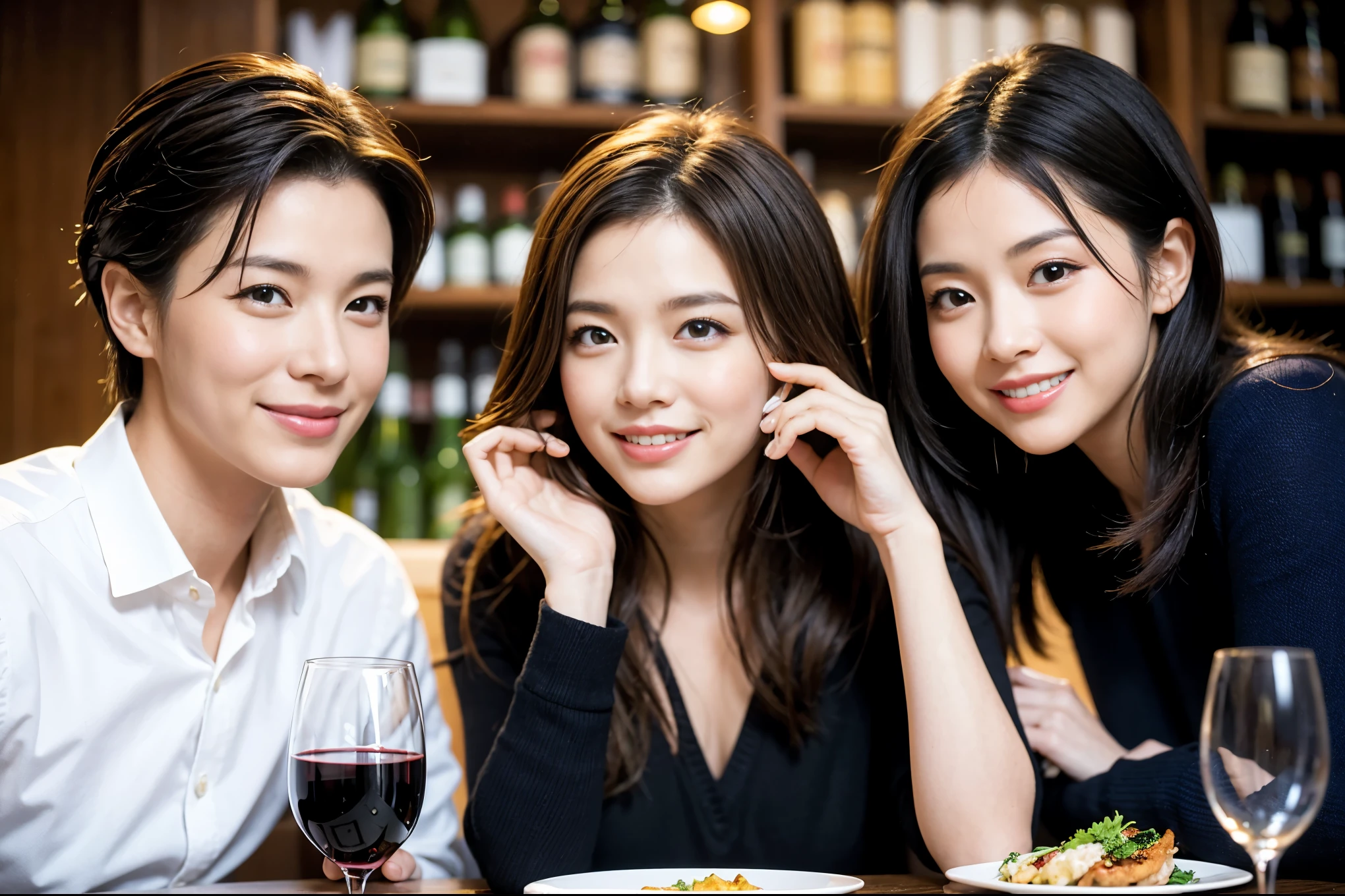 ((highest quality、8k、masterpiece:1.3))、1 male、1 female、石原さとみ似美女Couple、Spouse、Couple、The body is slim、((Bob Hale、Straight hair:1.2)), (Realistic, Intricate details:1.2), テーブルの上のwine glass、Shine light on your face、 Amazing view of the sunset sky and clouds、Amazing mountain views、A bright smile、The wonderfulness of smile、Bright image、The beauty of wine, Beautiful Face, blue eyes, The light shines on your face, Blushing, short hair,Bright Face、 (Age 37), "41 years old, red wine 、Appetizers、Italian food、Wine bottle、Champagne、sparkling wine、Two beauties、Brown Hair、Shortcuts、Long sleeve shirt、dress、Pretty Woman 1, (slimな顔), (The body is slim), (Brown Hair), (Shortcuts), cheeks turn a little red,Attractive beauty、restaurant, In a prominent place (From the waist up) Nova Frog Style, actress, model, Upper Body, White wine, slim, wine glass, 中央に置かれたwine glass, smile, (smile: 1.15), Beautiful fine grain, Depth f/2,saturation, High Contrast, Strong light and shadow,Moist Body:1.5、3D texture、Delicate eyes、Brown Hair、The hair is very shiny、