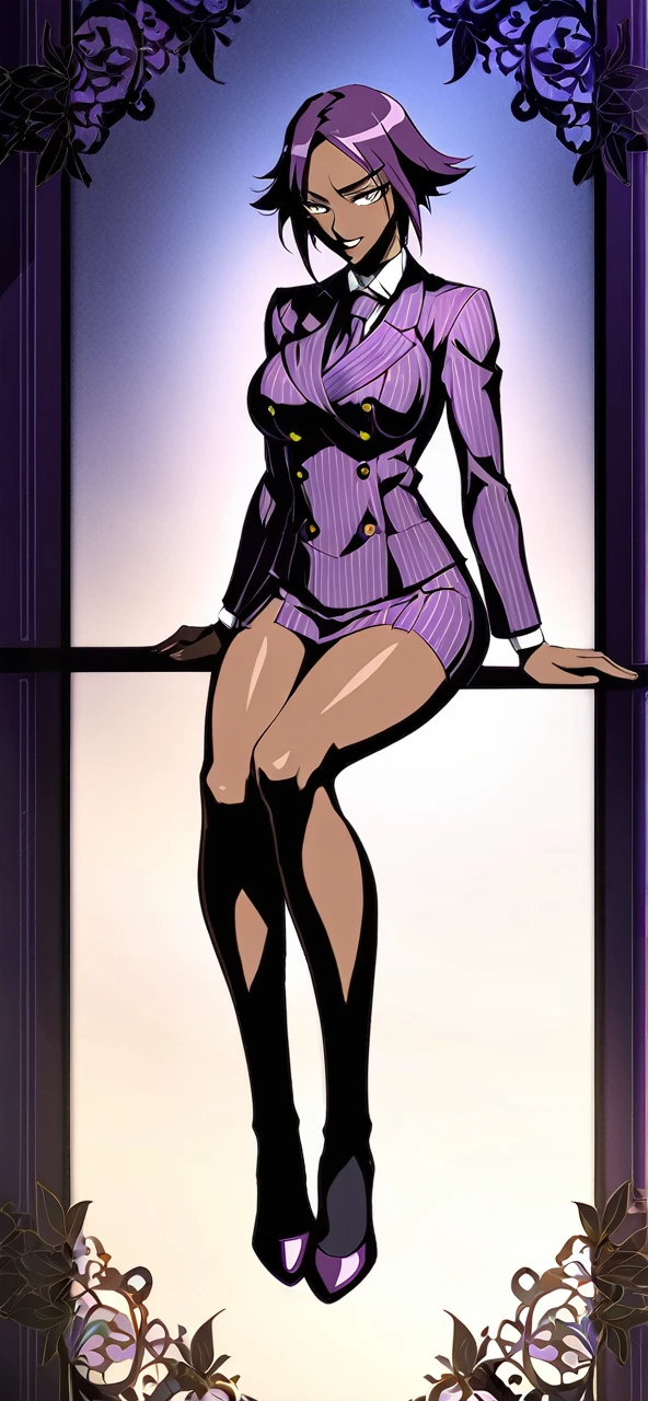  Full body Yoruichi as a thin Black business woman in a double breasted pinstripe purple  skirt suit while wearing a tie with a very long purple pinstripe skirt that covers the legs and with long black knee socks full art and make her sit down also give her thin legs and purple heels