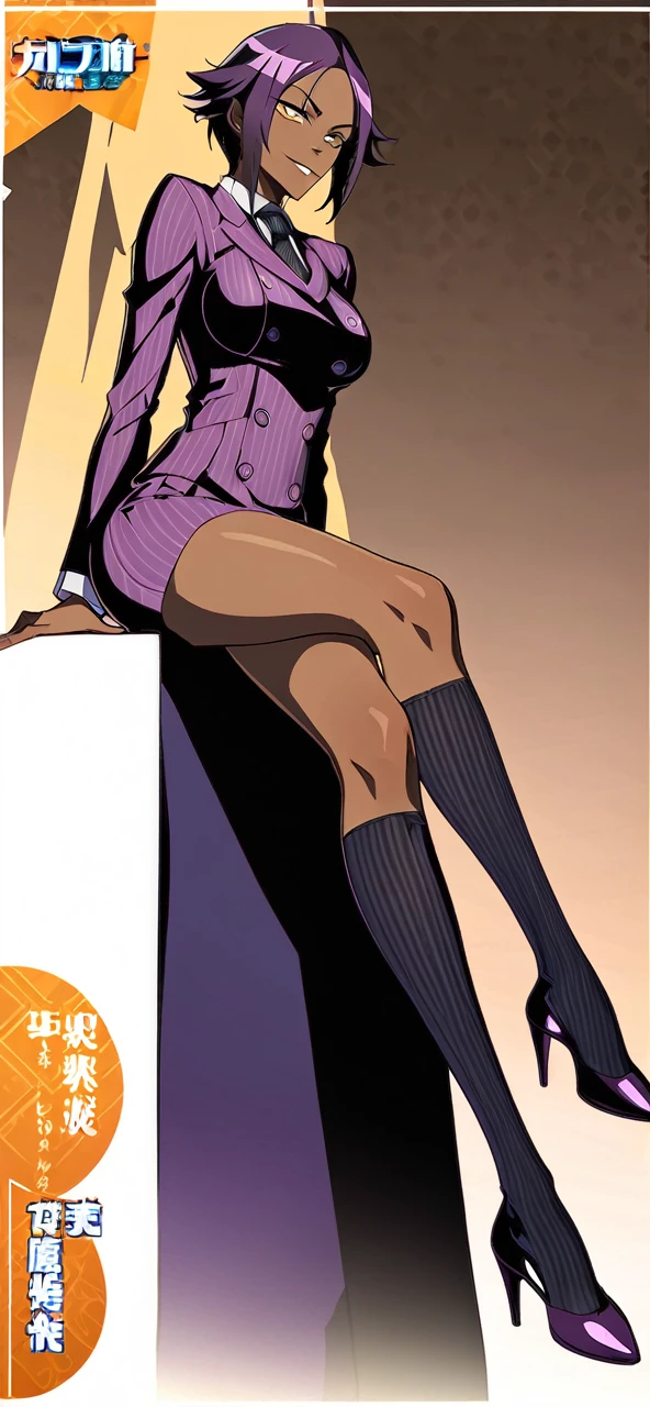  Full body Yoruichi as a thin Black business woman in a double breasted pinstripe purple  skirt suit while wearing a tie with a very long purple pinstripe skirt that covers the legs and with long black knee socks full art and make her sit down also give her thin legs and purple heels