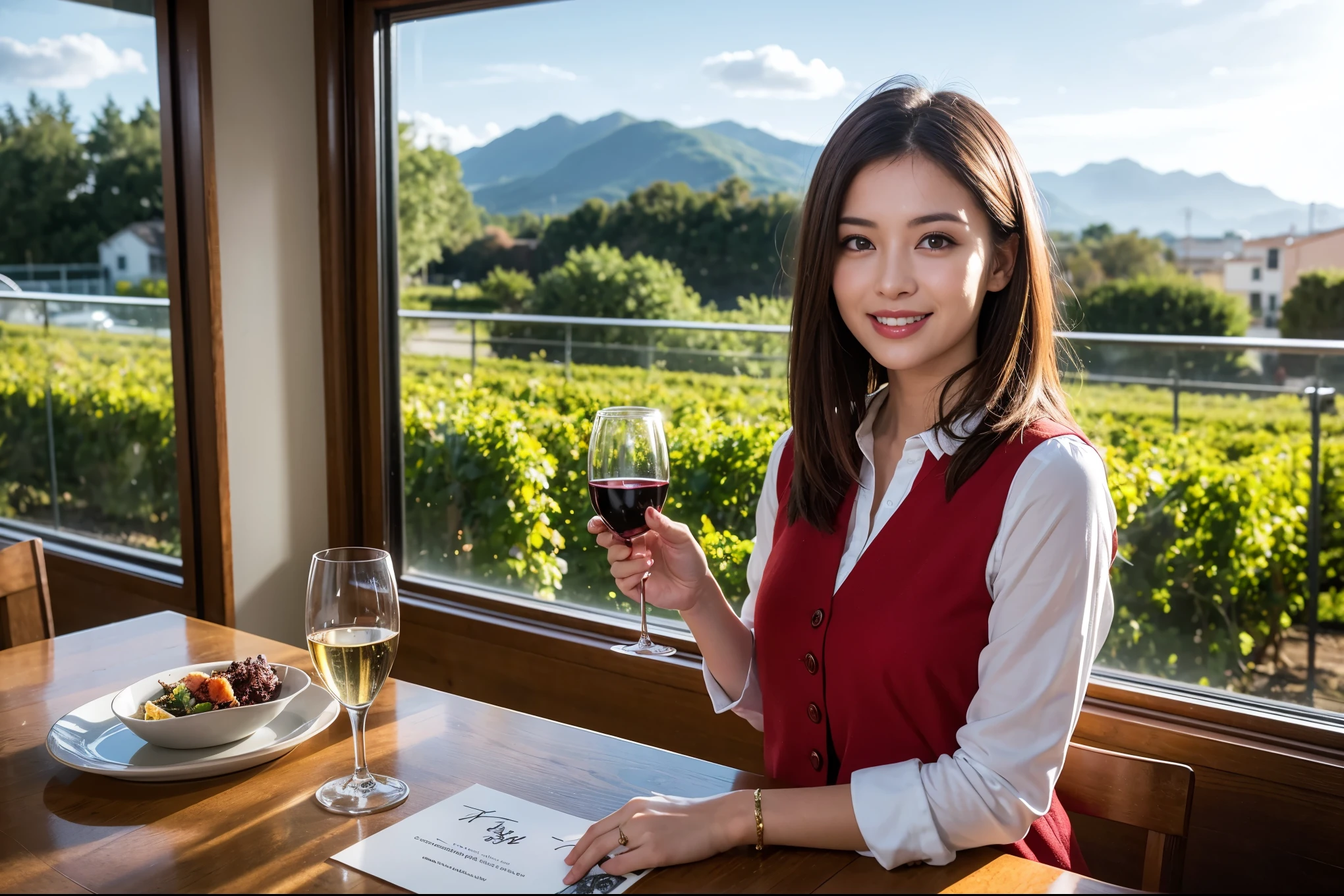 ((highest quality、8k、masterpiece:1.3))、1 male、1 female、石原さとみ似美女Couple、Spouse、Couple、The body is slim、((Bob Hale、Straight hair:1.2)), (Realistic, Intricate details:1.2), テーブルの上のwine glass、Shine light on your face、 Amazing view of the sunset sky and clouds、Amazing mountain views、A bright smile、The wonderfulness of smile、Bright image、The beauty of wine, Beautiful Face, blue eyes, The light shines on your face, Blushing, short hair,Bright Face、 (Age 37), "41 years old, red wine 、Appetizers、Italian food、Wine bottle、Champagne、sparkling wine、Two beauties、Brown Hair、Shortcuts、Long sleeve shirt、dress、Pretty Woman 1, (slimな顔), (The body is slim), (Brown Hair), (Shortcuts), cheeks turn a little red,Attractive beauty、restaurant, In a prominent place (From the waist up) Nova Frog Style, actress, model, Upper Body, White wine, slim, wine glass, 中央に置かれたwine glass, smile, (smile: 1.15), Beautiful fine grain, Depth f/2,saturation, High Contrast, Strong light and shadow,Moist Body:1.5、3D texture、Delicate eyes、Brown Hair、The hair is very shiny、