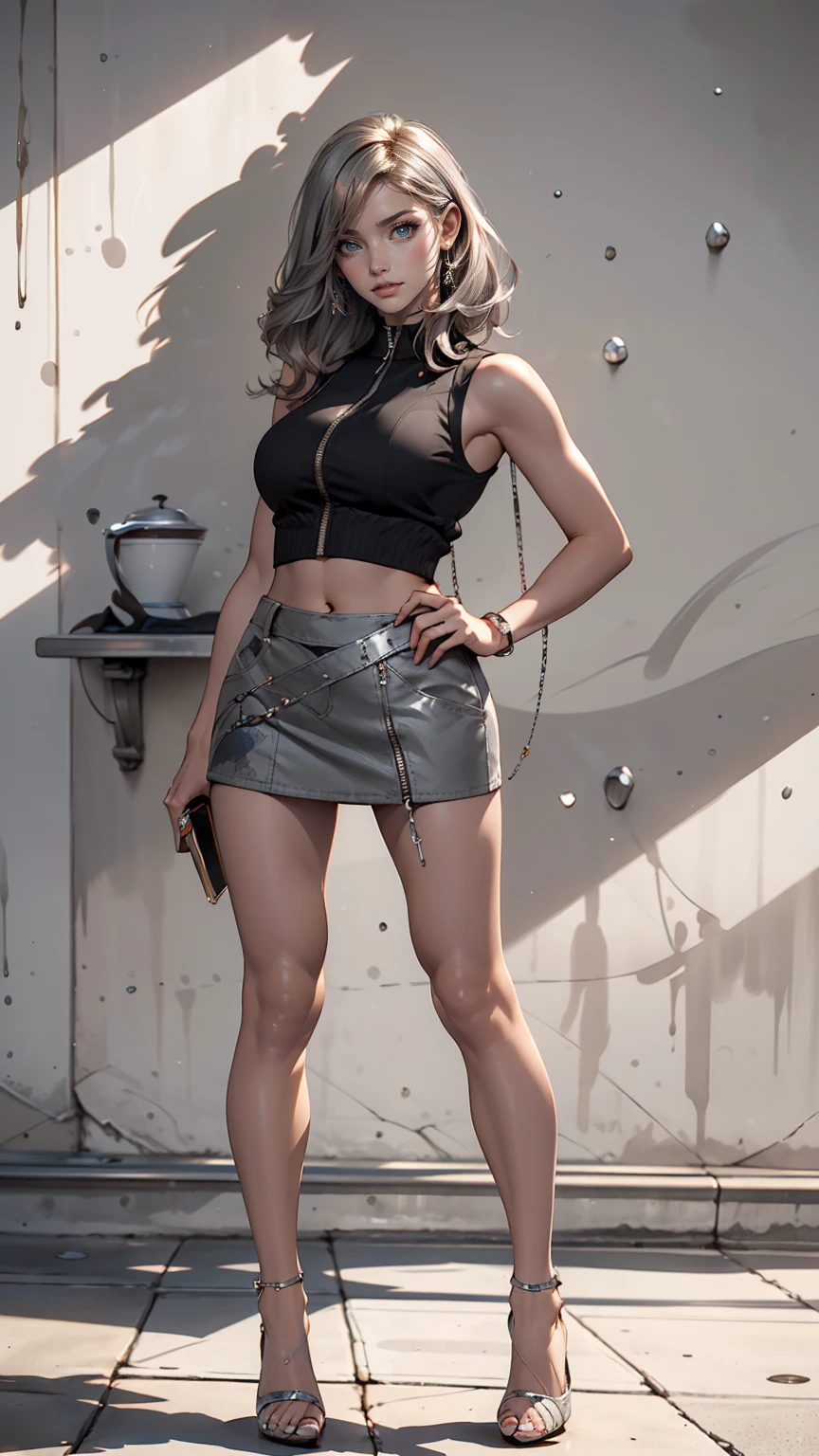 26 year old Caucasian female、Wear a black sleeveless zipper-up top、Navel visible、Lower milk visible、Wear a low-rise black mini skirt、Wear stiletto heels、Have a clutch bag、long hair、Silver Hair、smile、Leaning against an old concrete wall with an art mural、smile