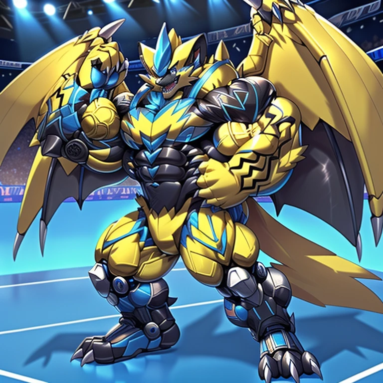 (ZERAORA, 8K), (Zeraora's giant robot, Powered exoskeleton with the same design as Zeraora), (Masterpiece, highres) (Detailed head, Detailed Body, Detailed abs, full body) (gigantic muscles, Gigachad Muscular, big muscle, pecs, triceps, traps, unusually developed muscular body, body full of huge muscles. showing off muscles, pectorales enormes, Exaggeratedly huge muscles.) (nj5furry, The claws are sharp, Sharp teeth, sharp claws), (long legs), (Spread wings, It has wings, have big wings, golden wings), (Wrestling, wrestler, the bodybuilding), (It has wings, whole body shines like metal, Wearing cyberpunk mecha, emphasizes the muscles, suit fully made of metal, intricate armor, Robotic suit, suit fully made of metal, cyborg),