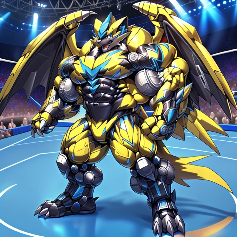 (ZERAORA, 8K), (Zeraora's giant robot, Powered exoskeleton with the same design as Zeraora), (Masterpiece, highres) (Detailed head, Detailed Body, Detailed abs, full body) (gigantic muscles, Gigachad Muscular, big muscle, pecs, triceps, traps, unusually developed muscular body, body full of huge muscles. showing off muscles, pectorales enormes, Exaggeratedly huge muscles.) (nj5furry, The claws are sharp, Sharp teeth, sharp claws), (long legs), (Spread wings, It has wings, have big wings, golden wings), (Wrestling, wrestler, the bodybuilding), (It has wings, whole body shines like metal, Wearing cyberpunk mecha, emphasizes the muscles, suit fully made of metal, intricate armor, Robotic suit, suit fully made of metal, cyborg),
