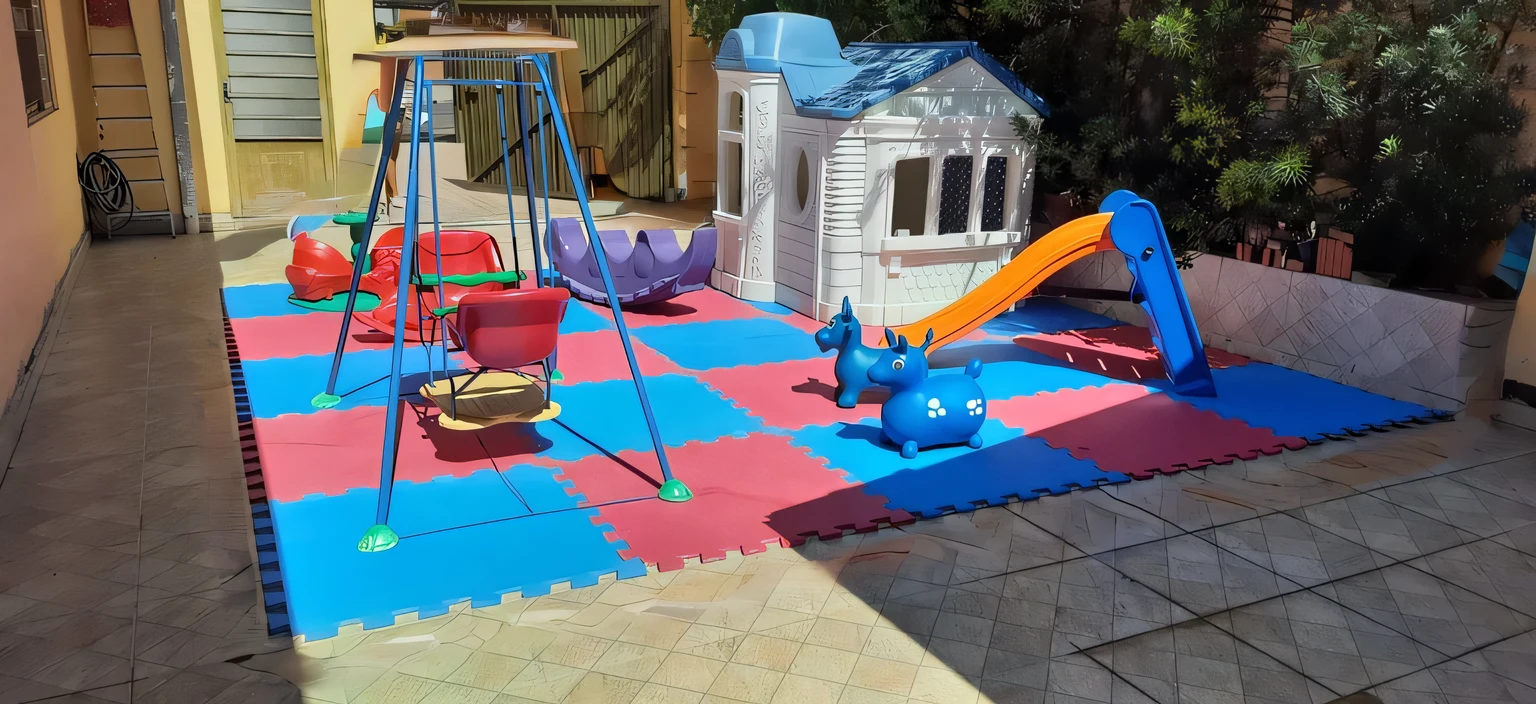 Create another background around the toy whose floor is blue and red
