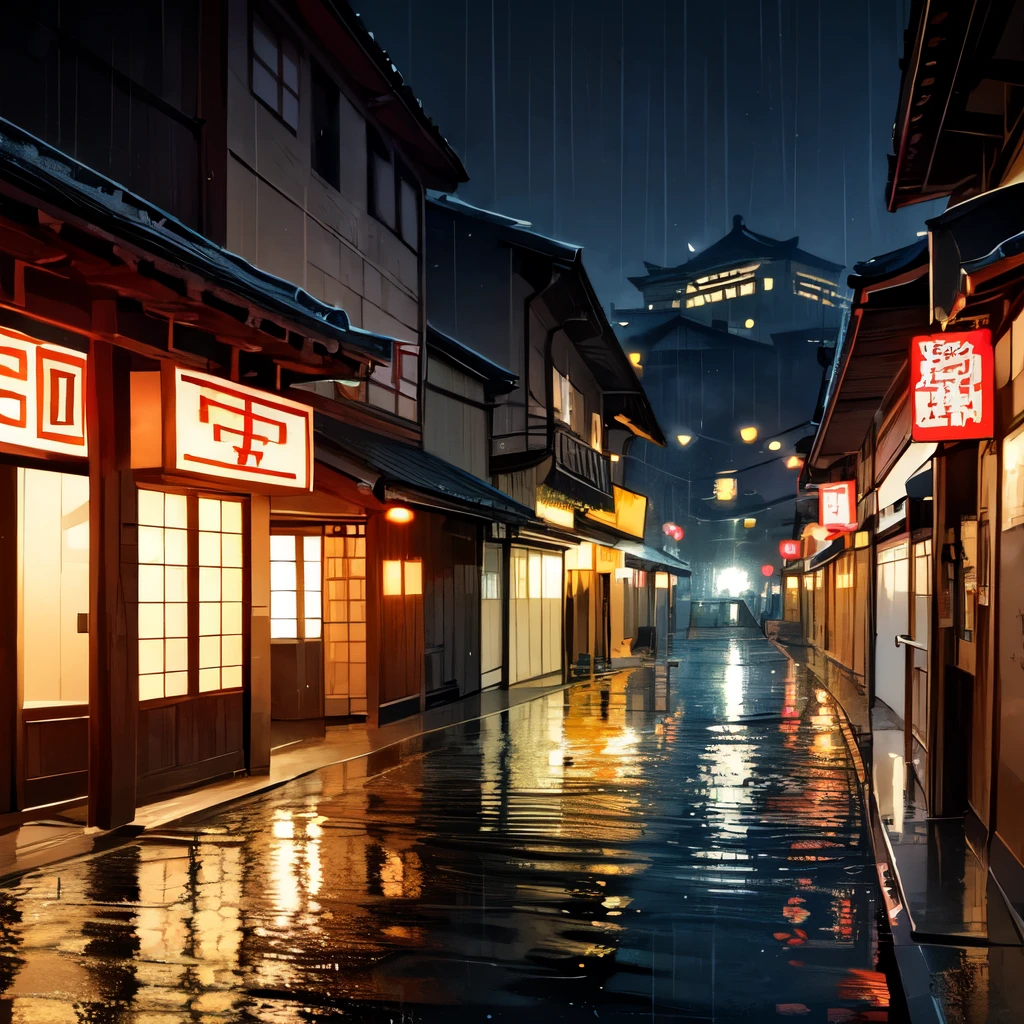 A view of the village with many lights on the buildings, Dreamy city in China, Chinese Village, Awesome Wallpapers, Japanese Street, Japanese Village, 超リアルな町のphotograph, Old Asian Village, Japanese cities, Raymond Han, Rainy night, Cyberpunk Chinese Town, beautifully照らされた建物, Rainy Evening, beautifully、aesthetic, photograph, Cinematic, 8k, Detailed ((heavy rain)))