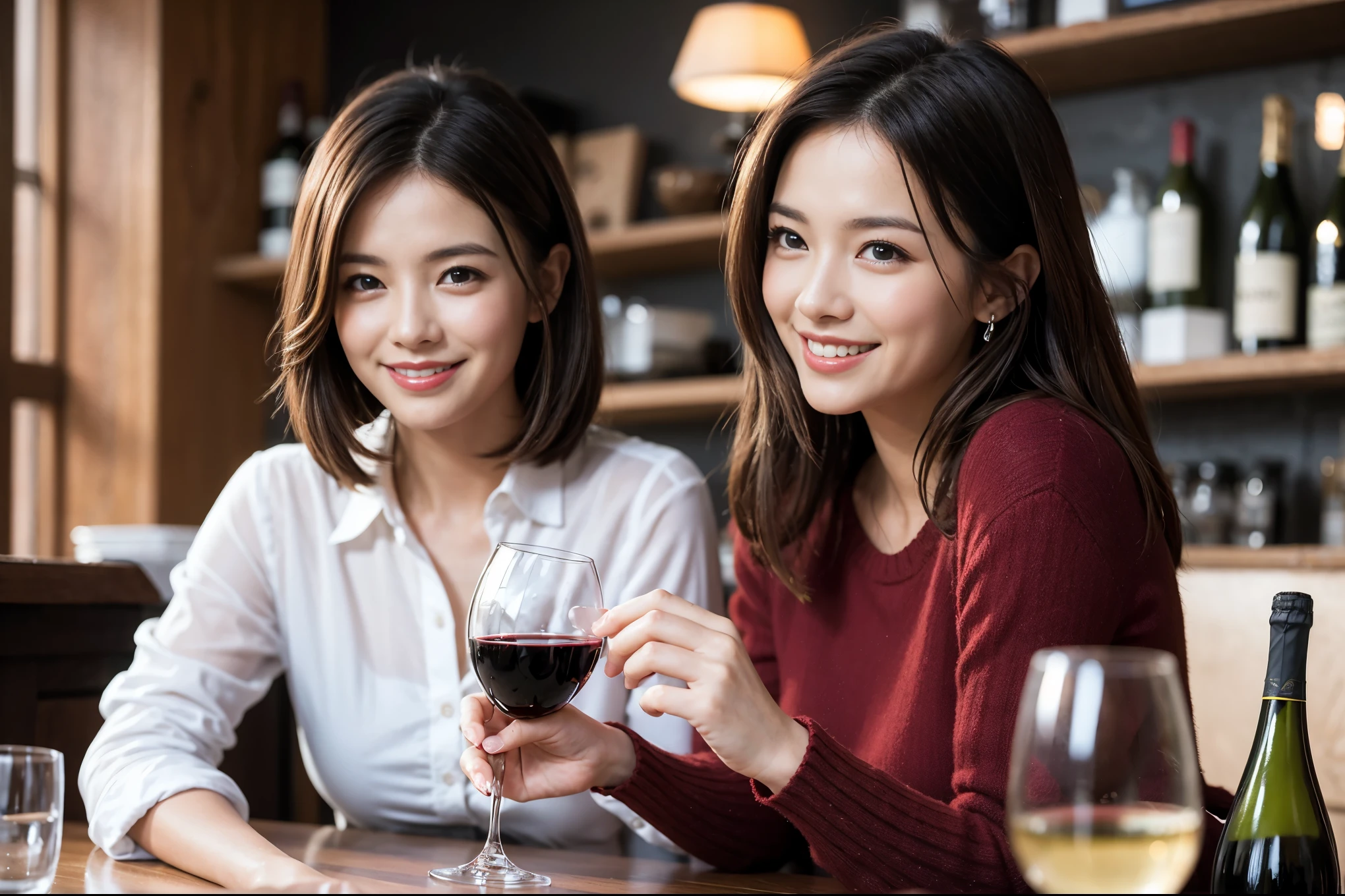 ((highest quality、8k、masterpiece:1.3))、1 male、1 female、Couple、Spouse、Couple、The body is slim、((Bob Hale、Straight hair:1.2)), (Realistic, Intricate details:1.2), テーブルの上のwine glass、Shine light on your face、 Amazing view of the sunset sky and clouds、Amazing mountain views、A bright smile、The wonderfulness of smile、Bright image、The beauty of wine, Beautiful Face, blue eyes, The light shines on your face, Blushing, short hair,Bright Face、 (Age 37), 39 years old, red wine 、Appetizers、Italian food、Wine bottle、Champagne、sparkling wine、Two beauties、Brown Hair、Shortcuts、Long sleeve shirt、dress、Pretty Woman 1, (slimな顔), (The body is slim), (Brown Hair), (Shortcuts), cheeks turn a little red,Attractive beauty、restaurant, In a prominent place (From the waist up) Nova Frog Style, actress, model, Upper Body, White wine, slim, wine glass, 中央に置かれたwine glass, smile, (smile: 1.15), Beautiful fine grain, Depth f/2,saturation, High Contrast, Strong light and shadow,Moist Body:1.5、3D texture、Delicate eyes、Brown Hair、The hair is very shiny、