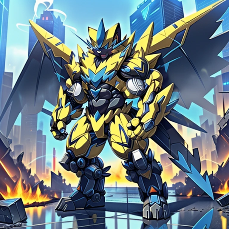 gigantic 10 storey tall zeraora holding huge assault rifles on both, hands with large shoulder missile launchers and a plasma blade, high detail, standing in a rainy city, 8k, high resolution, giant mechanical Muscular Zeraora, giant mechanical Muscular Zeraora is trampling the city, Zeraora is over 1000 meters long. Additional details: (masterpiece, official art, 8k, best quality) terrifying and imposing design, (smoke and flames rising from the destruction in the background, a lone figure) (high-tech bio-mecha armor, real texture material), (gigantic muscles, Gigachad Muscular, big muscle, pecs, triceps, traps, unusually developed muscular body, body full of huge muscles. showing off muscles, pectorales enormes, Exaggeratedly huge muscles.), (whole body shines like metal, Wearing cyberpunk mecha, emphasizes the muscles, suit fully made of metal, intricate armor, Robotic suit, suit fully made of metal, cyborg), (Spread wings, It has wings, have big wings, golden wings), (giant zeraora, Zeraora's giant robot, Powered exoskeleton with the same design as Zeraora), gundam,